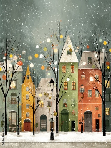 Charming winter street scene colorful houses in a snowy town digital artwork festive atmosphere winter wonderland
