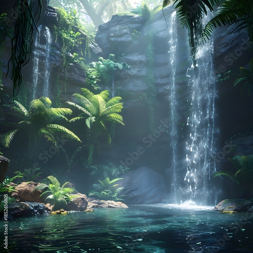 Serene tropical jungle waterfall oasis with lush greenery and misty atmosphere