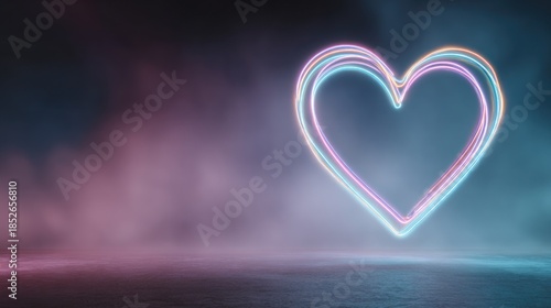 Neon heart illuminated against a colorful smoky backdrop for love and romance themes