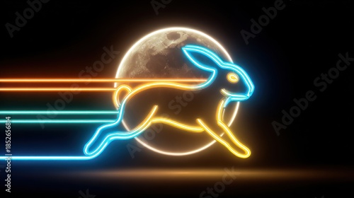 Neon rabbit design with moon background and glowing lines illustration