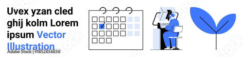 Time management, remote work, sustainability, eco-friendly concepts, business efficiency, scheduling. Calendar with a marked date, person working at a desk and a leaf icon. Time management