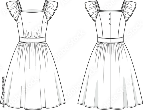 Women elegant midi dress front and back view, flutter sleeve fashion design, minimalist vector technical flat sketch illustration