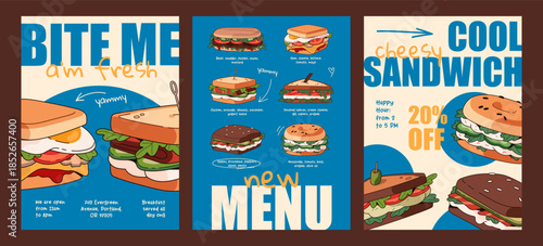 Fastfood menu templates set. Design of fast food restaurant advertising posters. Layouts with different special offers of tasty sandwiches, burgers, toasts, bagels in cafe. Flat vector illustrations