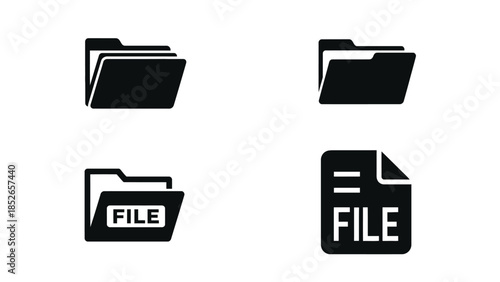 Black file folder and document icons on white background