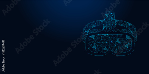 Low poly wireframe virtual reality headset on dark blue background.