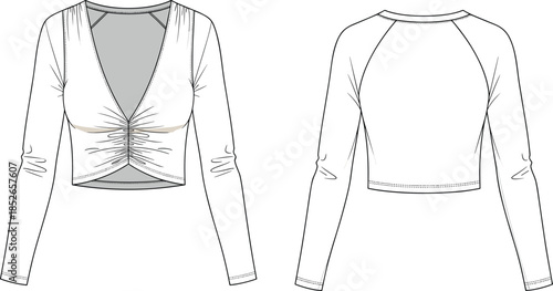 Women cropped cardigan front and back view, long sleeve wrap top design, minimalist fashion vector technical flat sketch