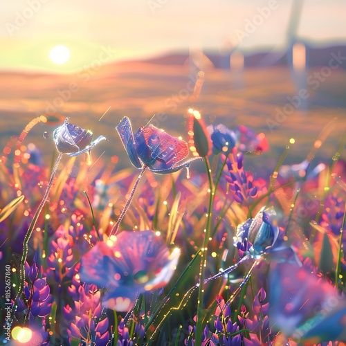 Vibrant butterflies dance in colorful flower field at sunset
