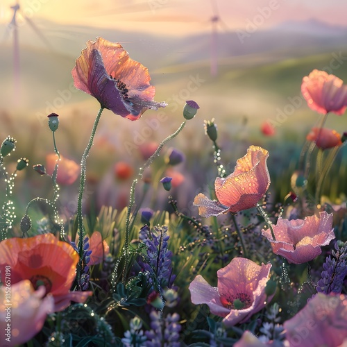 Vibrant poppy field at sunset with wind turbines in background