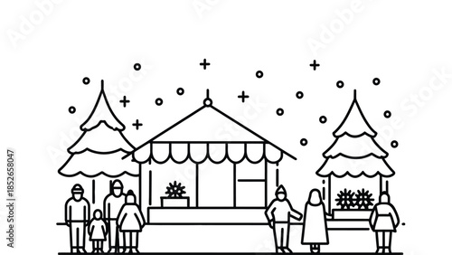 People enjoy festive outdoor market with snow