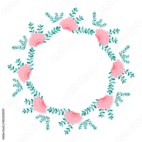 Round sea frame with pink shells and seaweed branches for kids design, invitations, posters, prints, nursery decor, stationery, packaging and ocean themed projects