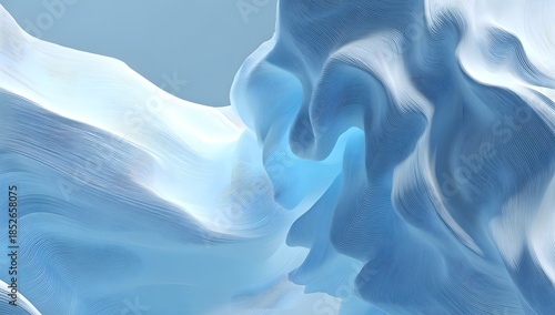 Abstract flowing organic forms with intricate textures and subtle gradients of cool blue and white creating a sense of fluid motion and ethereal beauty