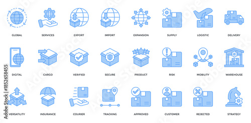 Global Distribution icon set. Containing distribution, services, export, import, expansion, digital, cargo, logistic, delivery icon. Lineal blue style