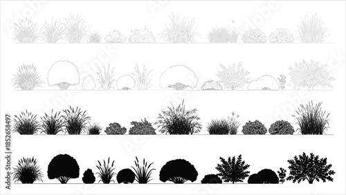 Architectural grass linework set silhouettes, sections, and turf details for CAD drawings. 