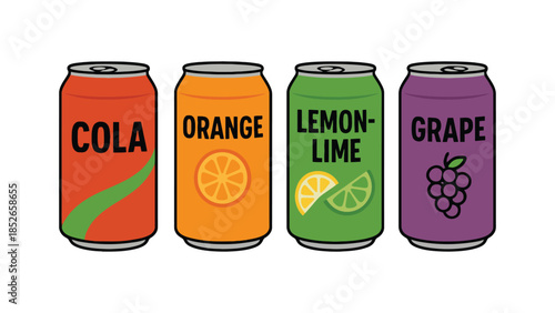 Colorful illustration of four soda cans with different flavors on a white background