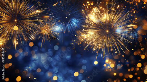  beautiful background of blue and gold fireworks with bokeh lights