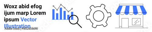 Data analysis, process management, retail services, business strategy, optimization tools, and market analysis. Bar chart, magnifying glass gear and store icon. Data analysis and process management