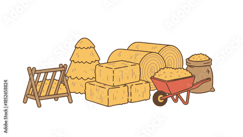 Farm fresh hay bales and rustic farm equipment illustration