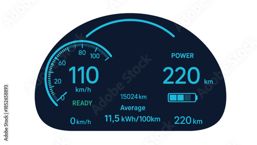 Electric vehicle dashboard display with speedometer and battery level indicators