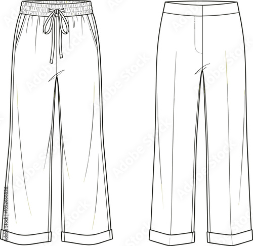 Women wide leg pants technical drawing, front back views, drawstring waist trousers outline vector illustration for fashion design