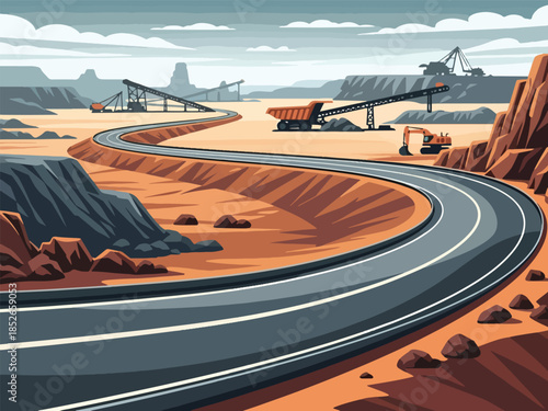 Winding asphalt road through a stylized arid mining landscape with heavy machinery