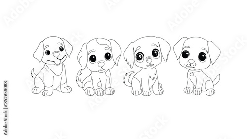 Cute cartoon puppies in a row, black and white line drawing illustration
