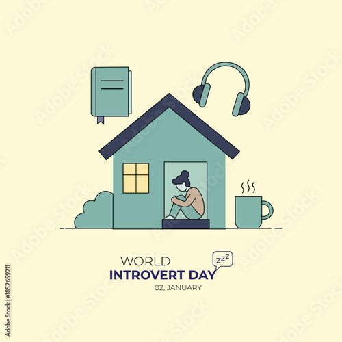 Minimal flat vector illustration of an introverted person sitting peacefully inside a cozy house social media poster for World Introvert Day