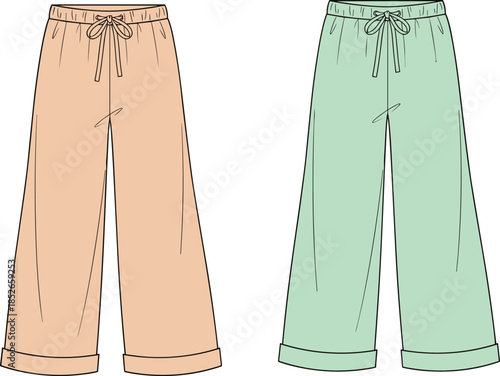 Women wide leg pants vector illustration, drawstring waist casual trousers apparel flat design in multiple colors