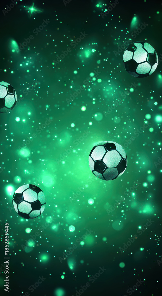 Naklejka premium Soccer balls floating in a green abstract space with glowing particles