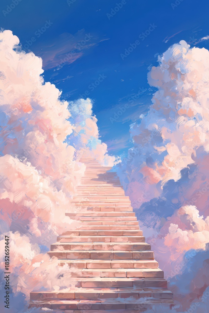 Fototapeta premium Surreal stairway reaching toward a sunlit horizon