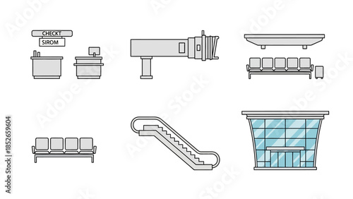 Airport Terminal Elements Set Check-in, Jet Bridge, Waiting Area, Escalator & Building