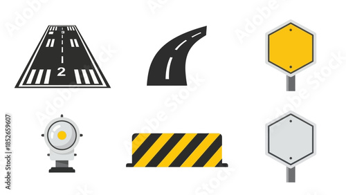 Road elements vector set runway, road signs, road divider and traffic lamp