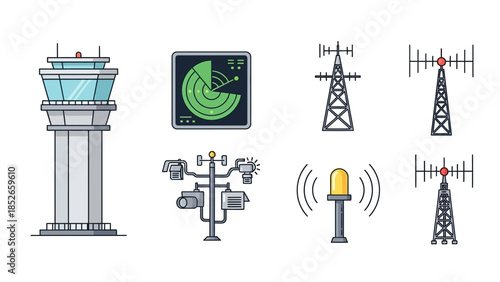 Diverse Set of Tower and Weather Communication Icons for Meteorological and Aviation Concepts