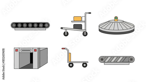Airport baggage carousel, luggage cart, and scanner icons for travel concept