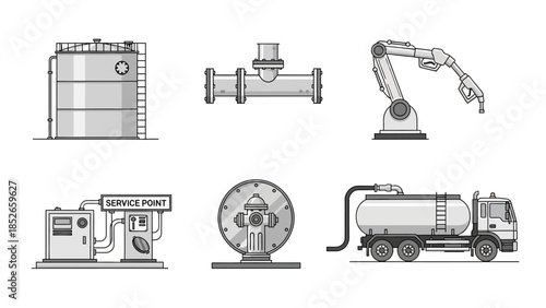 Industrial Equipment Icons Set Tank, Pipe, Robotic Arm, and Service Station