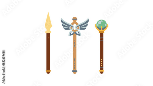 Three fantasy wands with unique designs and magical powers on white background