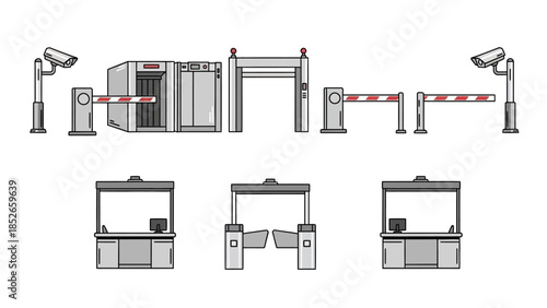 Security Checkpoint Elements Surveillance, Scanners, and Barriers Illustration