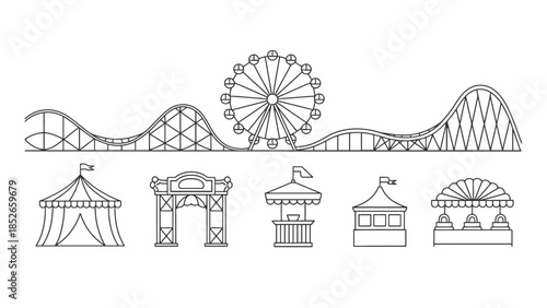 Amusement park icons, carnival rides and attractions, fairground illustrations, fun and entertainment