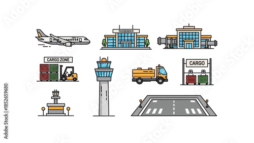 Airport Elements in Flat Design Planes, Buildings, and Transportation