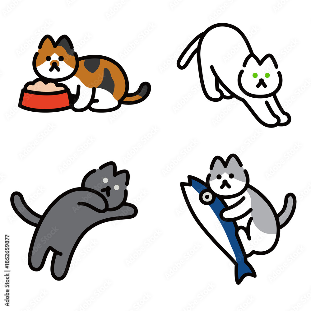 Obraz premium Cute cat set in different poses, flat cartoon style illustration