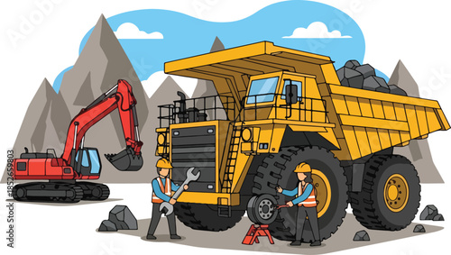 Cartoon construction site with miners repairing a large haul truck beside an excavator