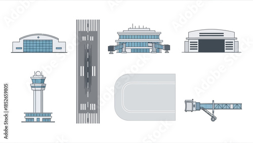 Airport Layout Vector Icons of Runway, Terminal, and Control Tower