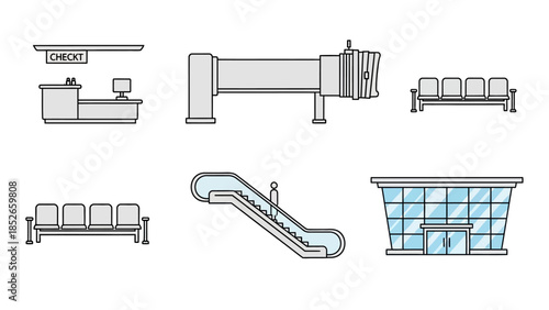 Airport terminal elements for travel and transport design with escalator