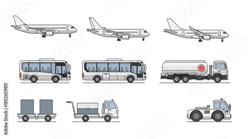 Airport Vehicle Collection Illustration of Planes, Buses, and Trucks