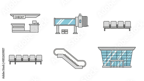 Airport Terminal Elements Check-in, Gate, Seating, Escalator, Building