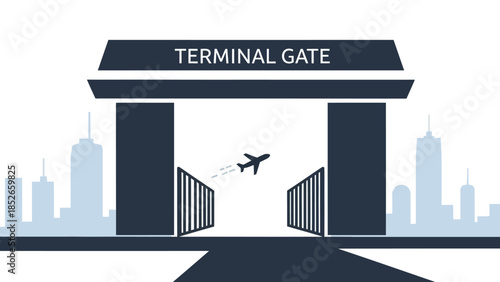 Terminal Gate with Airplane Taking Off in the City Background