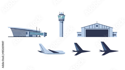 Airport Icons Control Tower, Hangars, and Airplane Silhouettes for Aviation and Travel Design