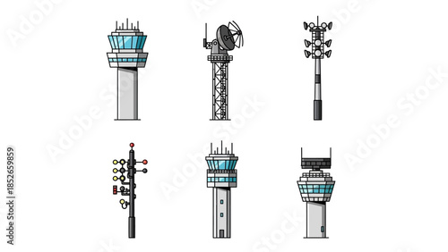 Vector Set of Communication and Control Towers for Various Industries