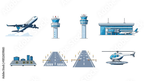 Airport Elements Illustration Airplane, Control Tower, Runway Design
