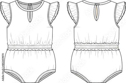 Baby romper technical drawing, front back views, infant bodysuit apparel outline vector illustration for clothing design template