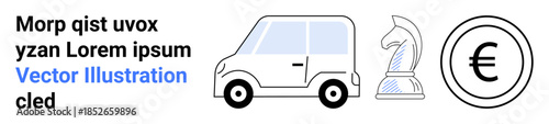Transportation, game strategy, finance, business planning, creativity, mobility. ion of a car, chess knight and Euro coin symbols. Transportation and game strategy concept